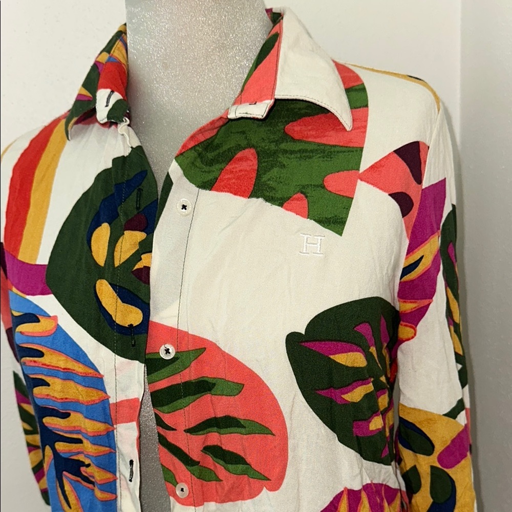 Hermes Multicolor Leaf Print Button Down Shirt/Cover up